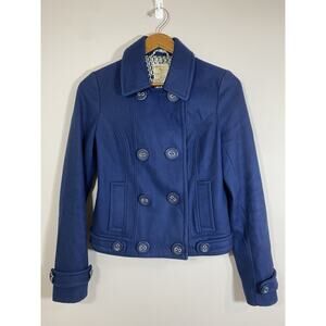 Tulle Pea Coat Womens S Blue Button Up Double Breasted Jacket Pockets‎ Collar